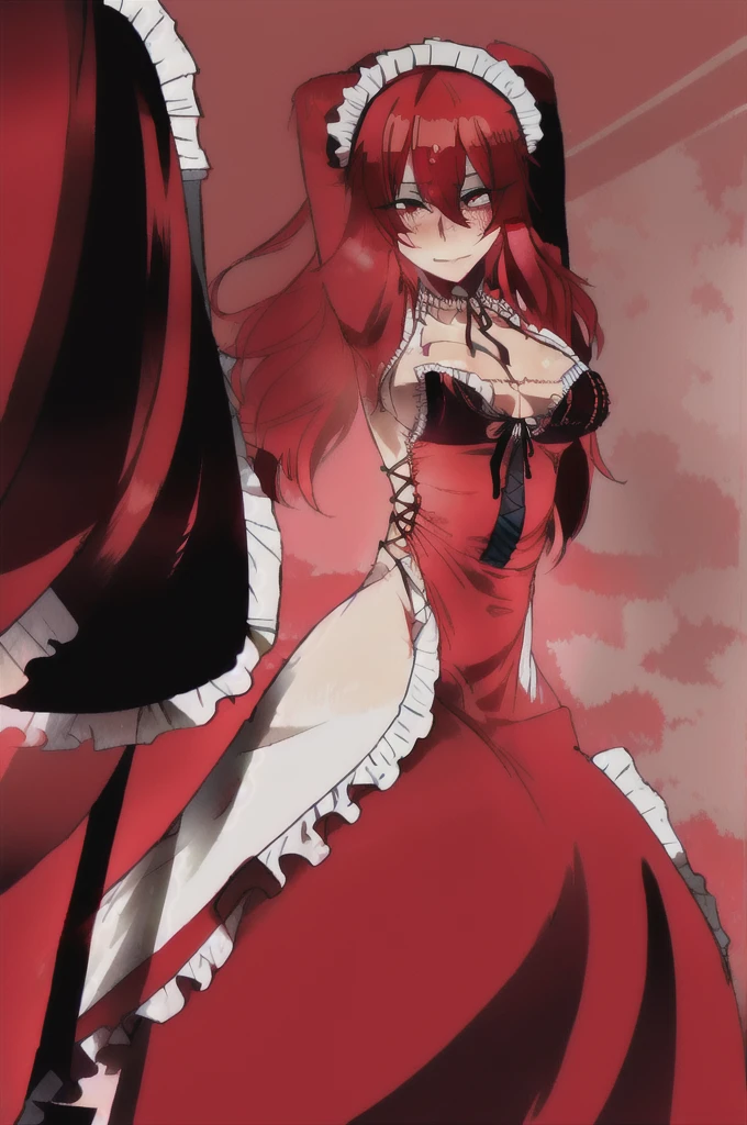 best quality, red hair,red eyes,masterpiece, highres, solo, (maid:1.40), (long maid dress:1.15),