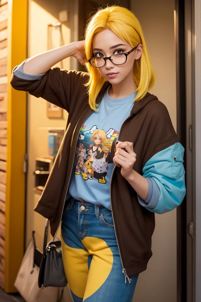 I want a photo from the Pixar movie Funky 2, one with yellow hair, brown eyes with glasses 