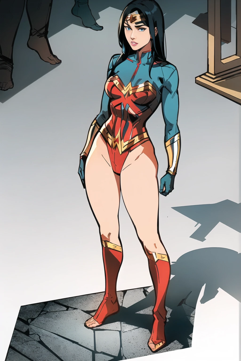 ((Full body photo, standing, feet on the ground)) wonder woman, 1girl, female focus, solo, black hair, blue eyes, superhero, gloves, makeup, lipstick, bodysuit, breasts, medium breasts, leotard, monitor, ((work of art))
