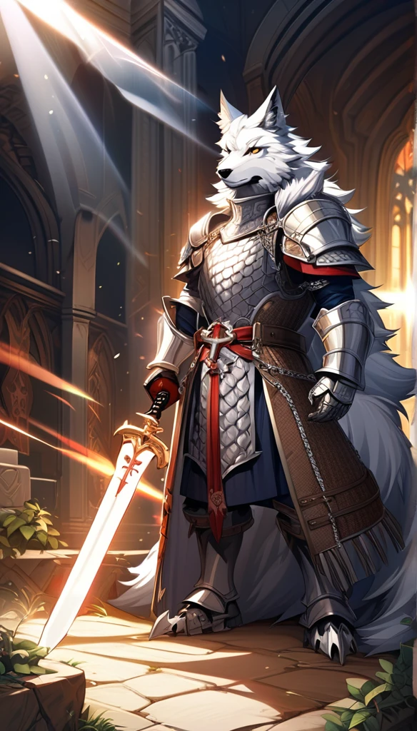 fantasy art style, a templar (white anthro wolf), (alone) dressed in chain mail and trench coat armor with a red holy cross drawn on it, posing with his sword resting on the ground, a divine light coming from the sky, intricate design, dynamic light , high details