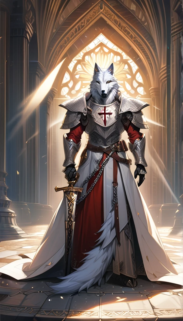 fantasy art style, a templar (white anthro wolf), (alone) dressed in chain mail and trench coat armor with a red holy cross drawn on it, posing with his sword resting on the ground, a divine light coming from the sky, intricate design, dynamic light , high details