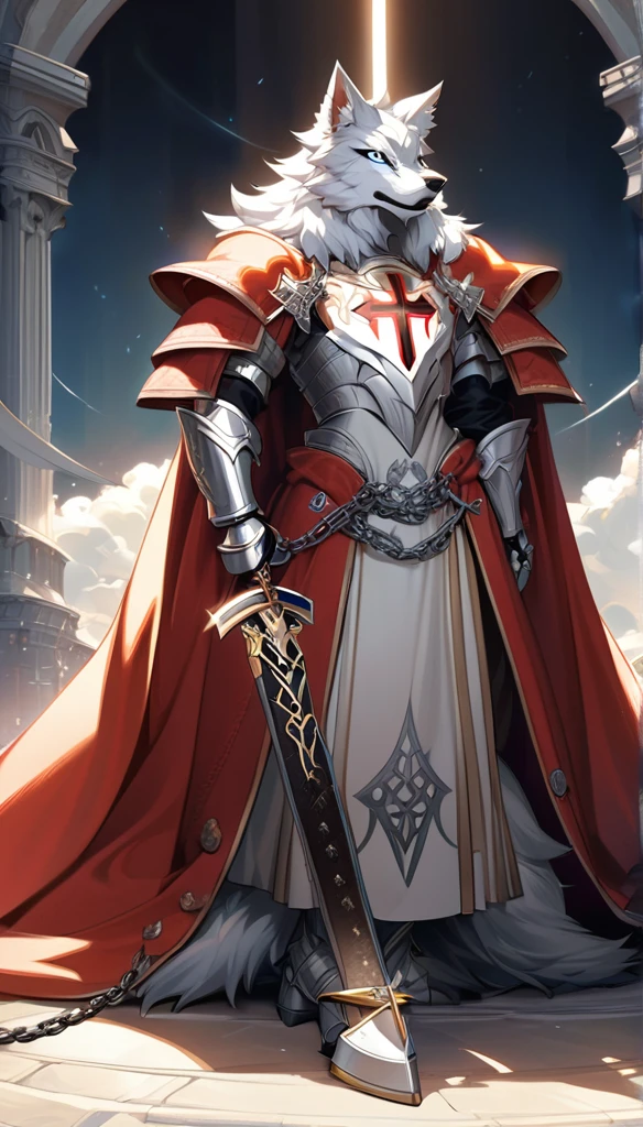 fantasy art style, a templar (white anthro wolf), (alone) dressed in chain mail and trench coat armor with a red holy cross drawn on it, posing with his sword resting on the ground, a divine light coming from the sky, intricate design, dynamic light , high details