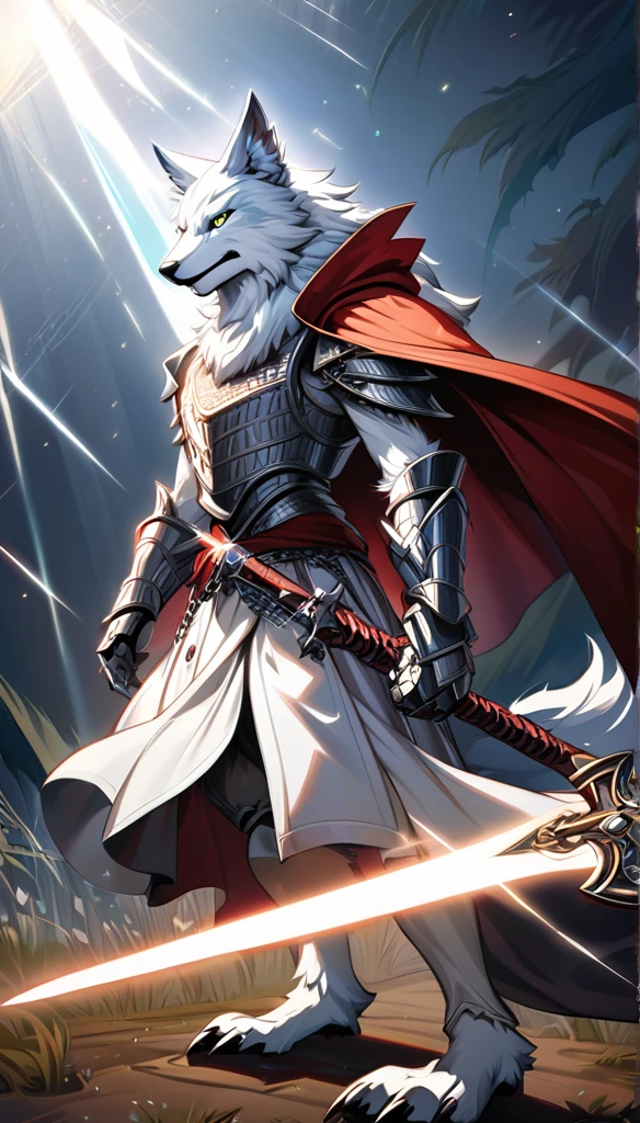 fantasy art style, a templar (white anthro wolf), (alone) dressed in chain mail and trench coat armor with a red holy cross drawn on it, posing with his sword resting on the ground, a divine light coming from the sky, intricate design, dynamic light , high details