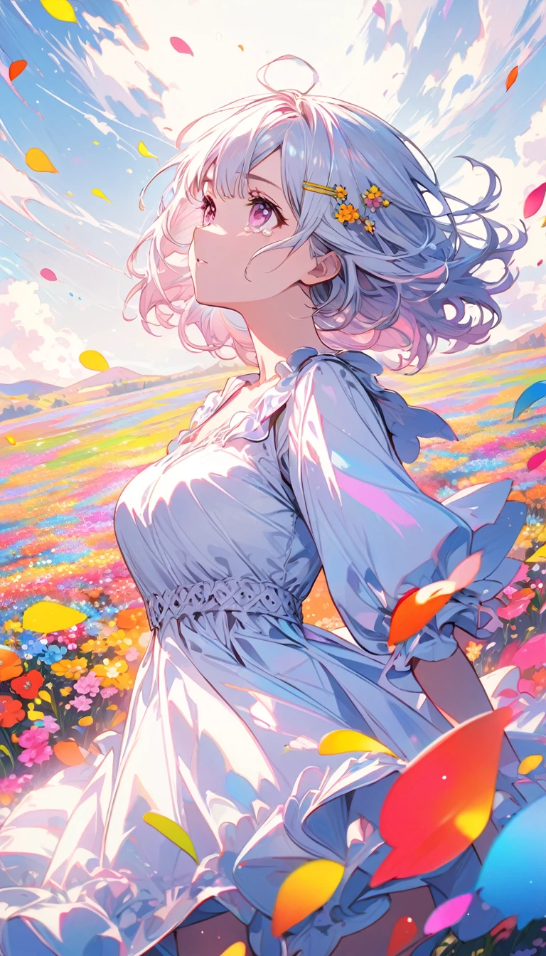 (masterpiece)、(absurdres)、(ultra detailed)、Colorful illustration:1.2,solo lady、 shiny white hair、shortcut hair、shiny pink eyeiddle breast:0.8、(wizard white dress)、BREAK、(yellow hairpin)、BREAK、side view,(cowboy shot),(wide shot),Wide colorful flower field、Colorful petals in the air、Tears:1.2,looking away:1.1,looking up:1.1,Looking up at the sky、