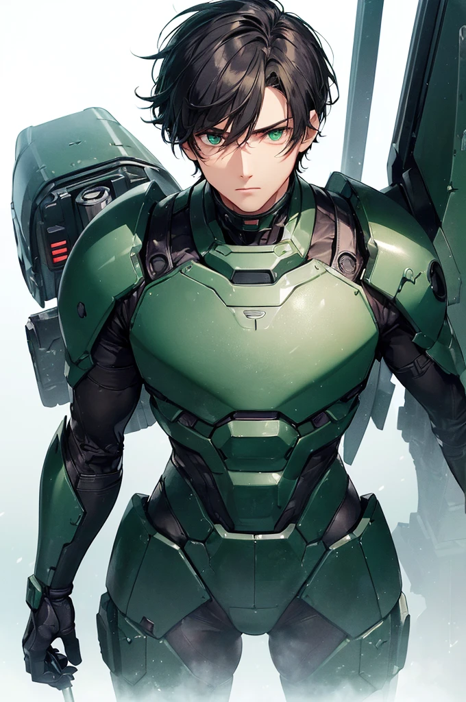 (masterpiece; best quality: 1.2), (finely detailed eyes: 1.3), ((25 year old man)), ((solo)), (green eyes: 1.4), (body; lean, fit, masculine: 1.3), (short black hair: 1.3), (beautiful and clear background: 1.2), ((depth of field)), (equipment: dark mech pilot bodysuit + dark gloves: 1.3), (anime illustration: 1.2), (background composition; white mech hangar: 1.1), (extremely fine and handsome: 1.1), (shot composition; standing + centered on torso + close-up: 1.5), (expression; calm, stoic: 1.2)