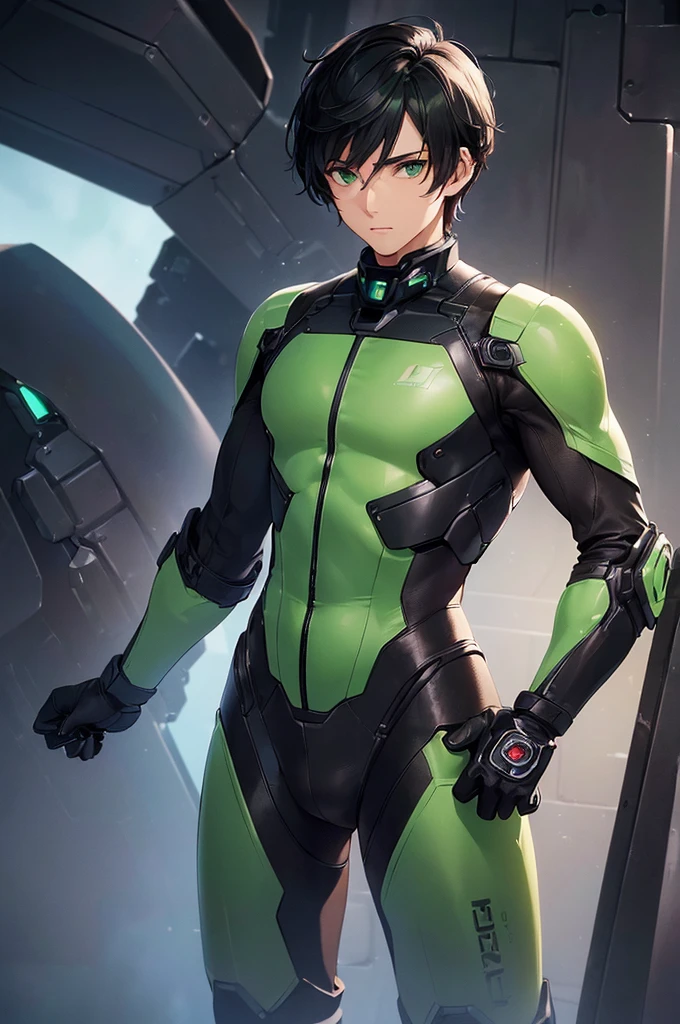 (masterpiece; best quality: 1.2), (finely detailed eyes: 1.3), ((25 year old man)), ((solo)), (green eyes: 1.4), (body; lean, fit, masculine: 1.3), (short black hair: 1.3), (beautiful and clear background: 1.2), ((depth of field)), (equipment: dark mech pilot bodysuit + dark gloves: 1.3), (anime illustration: 1.2), (background composition; white mech hangar: 1.1), (extremely fine and handsome: 1.1), (shot composition; standing + centered on torso + close-up: 1.5), (expression; calm, stoic: 1.2)