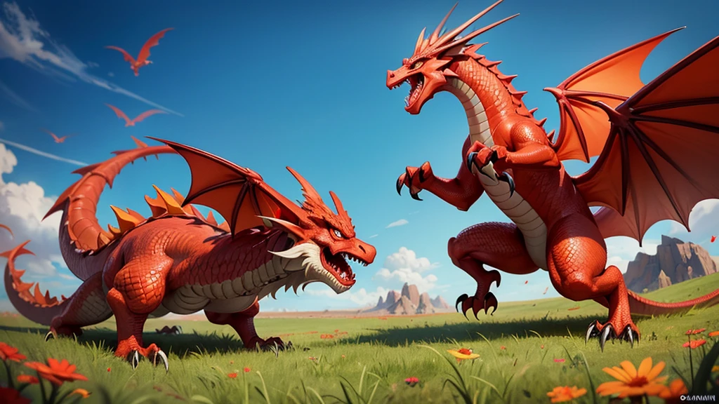 Render a red dragon in the style of Pixar. The dragon should appear cool and serious, with wings and the ability to breathe fire. The scene should be set in a large meadow within a forest, with the entire dragon, including its wings, fully visible.
