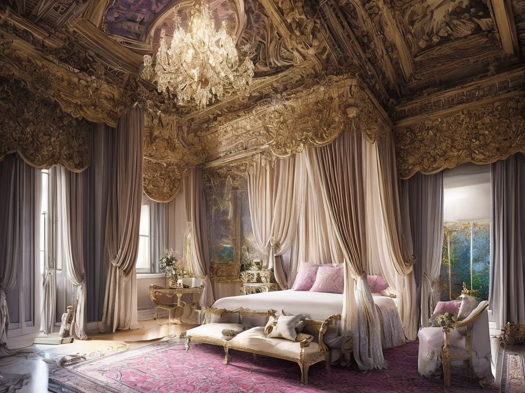 Castle bedroom with luxurious canopy bed and lots of flowers, intricate design, fine details, high chaos, soft sunlight, dreamy pastel colors, Johan Grenier style, Alyssa Monks style