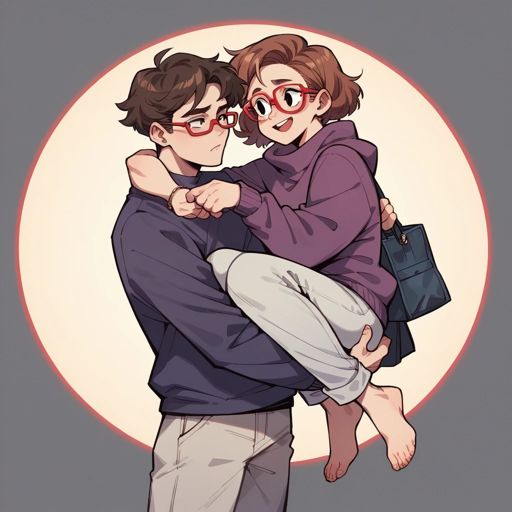 She has brown hair and black eyes. She wears big red glasses, a dark purple sweater with a light purple circle on two of the elbows, light gray pants and carries a bag. Glow Up; sheen