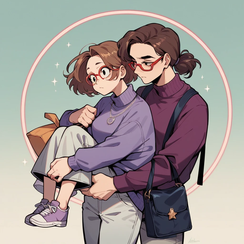 She has brown hair and black eyes. She wears big red glasses, a dark purple sweater with a light purple circle on two of the elbows, light gray pants and carries a bag. Glow Up; sheen