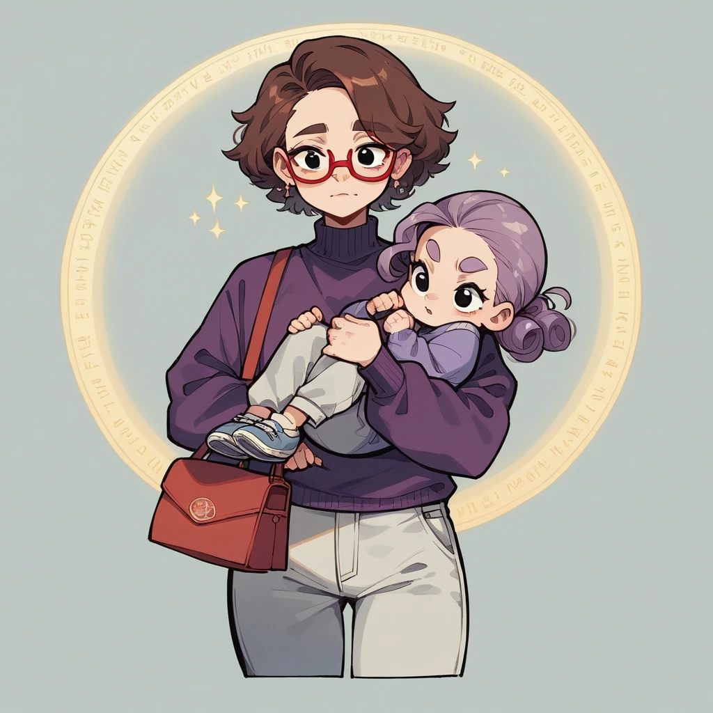 She has brown hair and black eyes. She wears big red glasses, a dark purple sweater with a light purple circle on two of the elbows, light gray pants and carries a bag. Glow Up; sheen