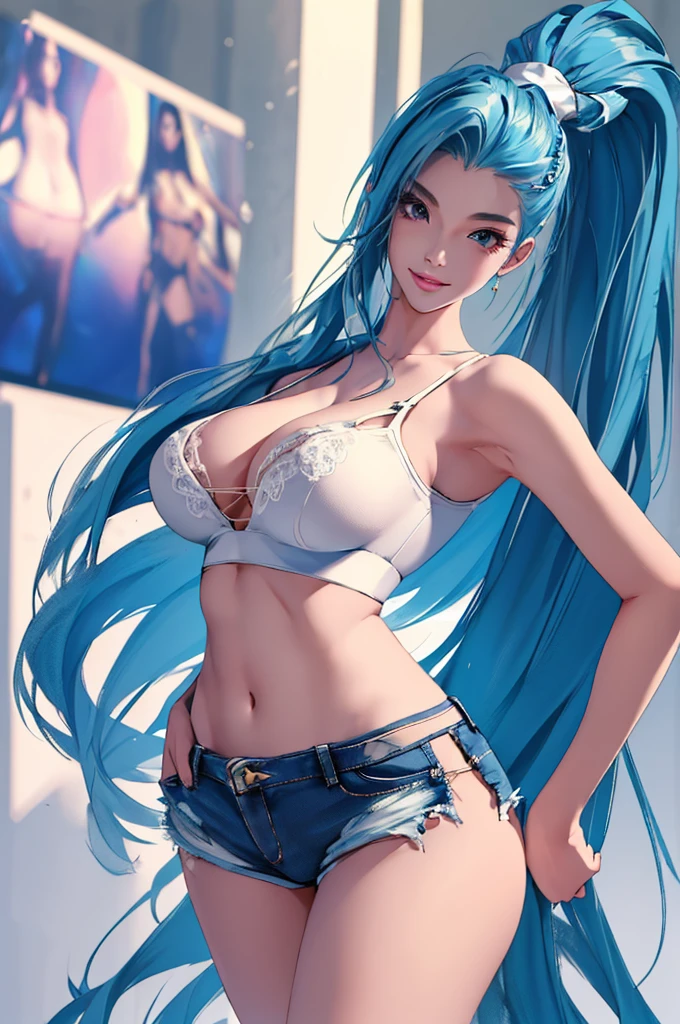 (best quality: 1.2), clean face, (masterpiece: 1.2, 8k) perfect anatomy, 1girl,a beautiful fashion model ,(masterpiece, official art, best quality ,long and shiny hair, blue hair with streaks in hair, long hair, full lips, slender body, slim body big breasts, looking at viewer, revealing outfit, absurdity, intricate details, dynamic pose, club, , wearing short shorts and a tight white top, cleavage, torn clothes, thong straps, ponytail, coquettish expression, smile