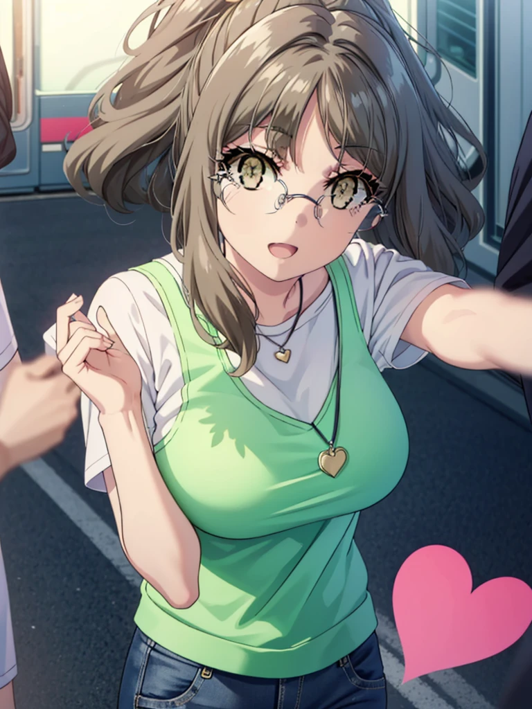 Riofutaba, Rio Futaba, Long Hair, Brown Hair, (Brown eyes:1.5), Glasses,Big Breasts,smile,Open your mouth,Red Tank Top,Heart Necklace,Short sleeve,skinny pants,Stiletto heels,Business Back,Walking,morning,morning陽,The sun is rising,whole bodyがイラストに入るように,
break outdoors, station,
break looking at viewer, whole body,
break (masterpiece:1.2), Highest quality, High resolution, unity 8k wallpaper, (figure:0.8), (Beautiful attention to detail:1.6), Highly detailed face, Perfect lighting, Highly detailed CG, (Perfect hands, Perfect Anatomy),