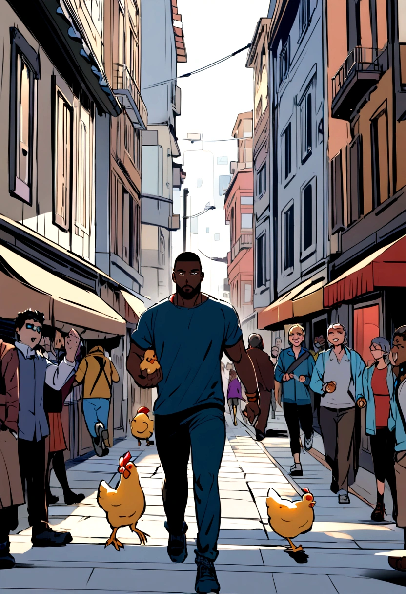 A black boy running with a chick in his hand and a chicken running after the boy on city streets with people around him watching