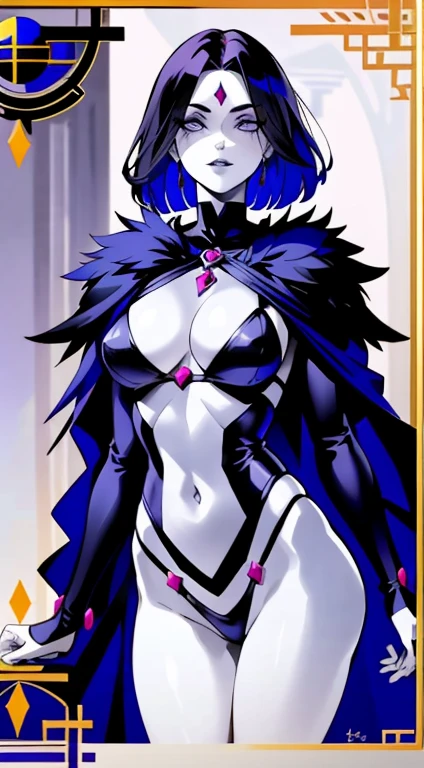 1girl as raven goth woman, detailed eyes, detailed face, detailed skin,mature body, tall body,seductive body,medium big breast, medium thigh, reduced color palette, heavy lines, contrast, pastel colors