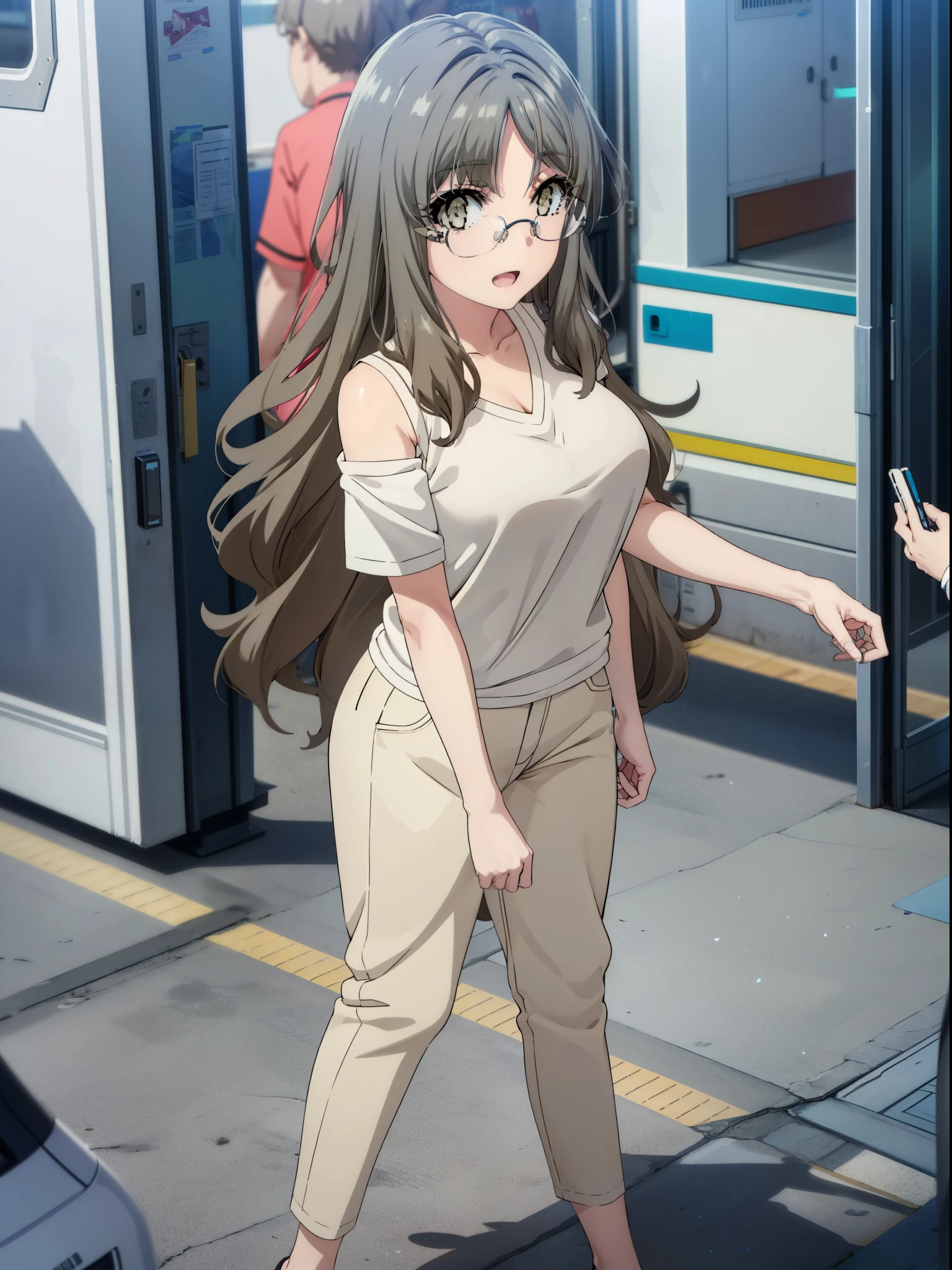 Riofutaba, Rio Futaba, Long Hair, Brown Hair, (Brown eyes:1.5), Glasses,Big Breasts,smile,Open your mouth,Cold shoulder tops,Short sleeve,skinny pants,Stiletto heels,Business Back,Walking,morning,morning陽,The sun is rising,whole bodyがイラストに入るように,
break outdoors, station,
break looking at viewer, whole body,
break (masterpiece:1.2), Highest quality, High resolution, unity 8k wallpaper, (figure:0.8), (Beautiful attention to detail:1.6), Highly detailed face, Perfect lighting, Highly detailed CG, (Perfect hands, Perfect Anatomy),