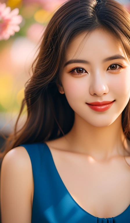 (a beautiful woman with long flowing hair, flowing blue dress sparkling in sunlight, bright warm eyes, gentle kind smile, ample round bosom, standing in peaceful garden surrounded by blooming flowers, soft breeze, head_to_hip, the_cowboy_shot, (best quality,4k,8k,highres,masterpiece:1.2),ultra-detailed,(realistic,photorealistic,photo-realistic:1.37),HDR,UHD,studio lighting,ultra-fine painting,sharp focus,physically-based rendering,extreme detail description,professional,vivid colors,bokeh,portrait,fantasy,warm colors)