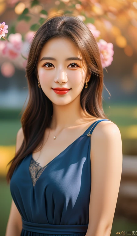 (a beautiful woman with long flowing hair, flowing blue dress sparkling in sunlight, bright warm eyes, gentle kind smile, ample round bosom, standing in peaceful garden surrounded by blooming flowers, soft breeze, head_to_hip, the_cowboy_shot, (best quality,4k,8k,highres,masterpiece:1.2),ultra-detailed,(realistic,photorealistic,photo-realistic:1.37),HDR,UHD,studio lighting,ultra-fine painting,sharp focus,physically-based rendering,extreme detail description,professional,vivid colors,bokeh,portrait,fantasy,warm colors)