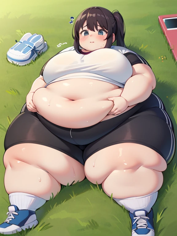 a fat girl in gym clothes lying on her back in the grass in a park, fat, (chubby), (fat), (obese), gym bra, visible belly, young, shortstack, ((short)), massive breasts, bbw, ssbbw, exhausted, tired, sweaty, full body shot, resting, anime, soft anime,