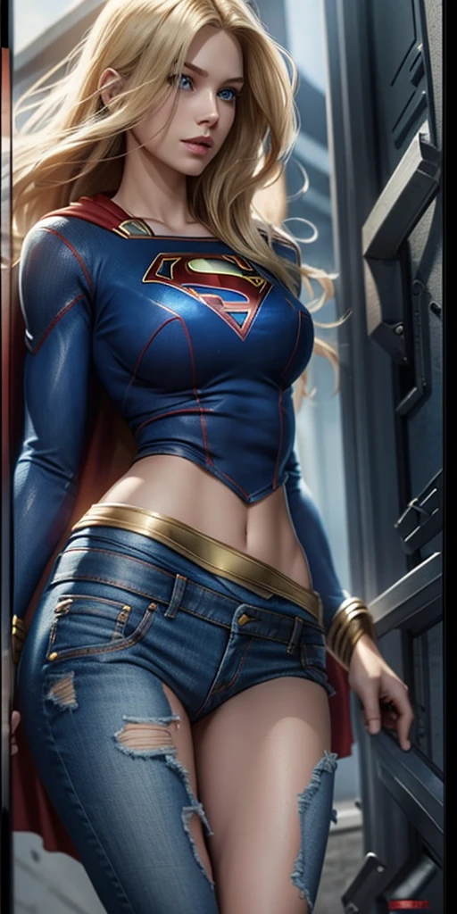 The character Supergirl in denim style, extremely beautiful body, extremely blond hair, perfect brilliant blue eyes