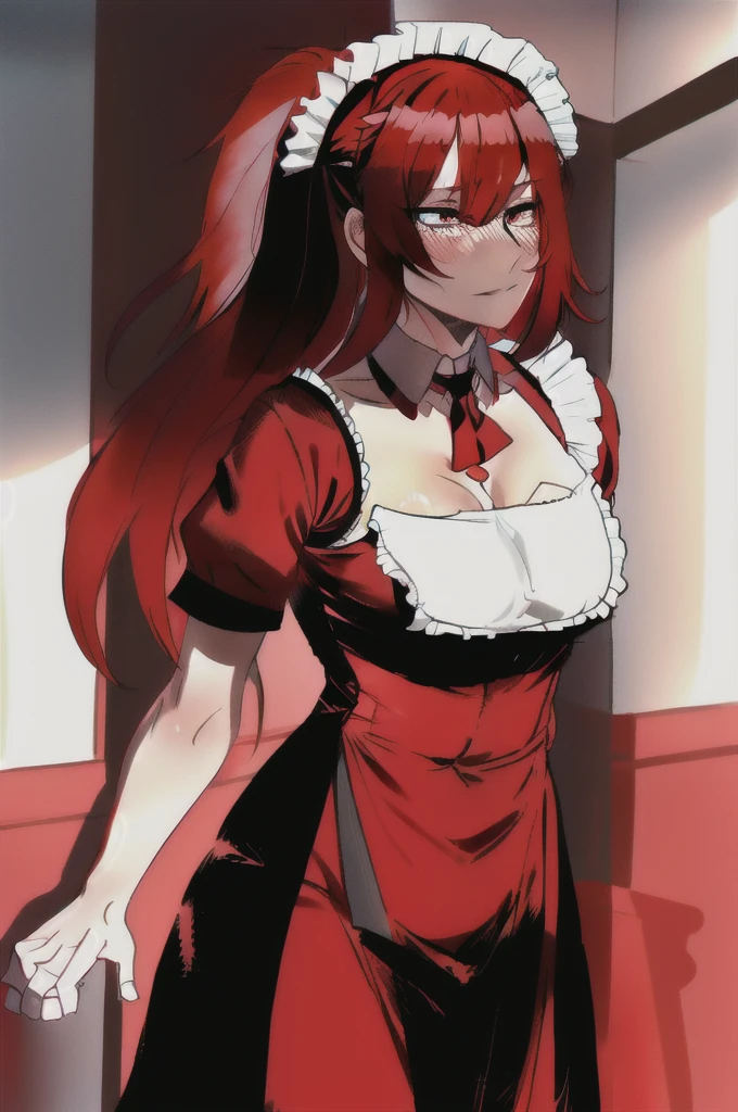 best quality, red hair,red eyes,masterpiece, highres, solo, (maid:1.40), (long maid dress:1.15),