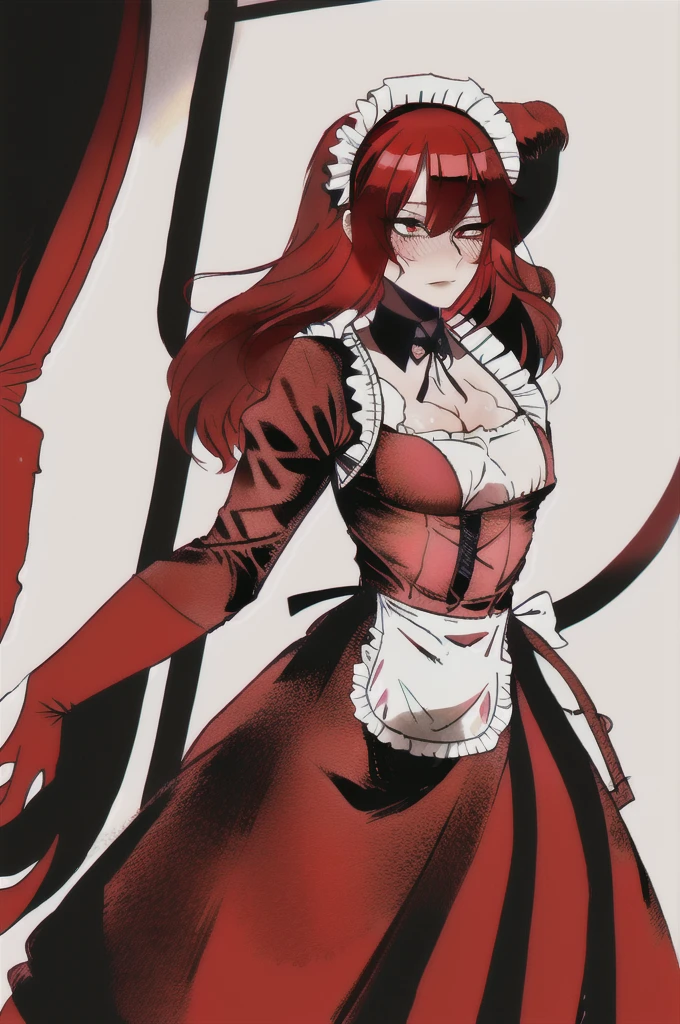best quality, red hair,red eyes,masterpiece, highres, solo, (maid:1.40), (long maid dress:1.15),
