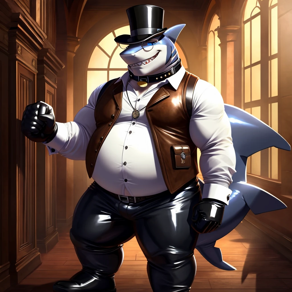 Multiple Otters exist, A Male, fat, extremely obese, gentleman, dapper Professor Otter with a large penis and testicles, ejaculating extreme amounts of sperm from the penis, blue eyes, (soft shading), 4k, hi res, ((detailed face, detailed)), evil grin, steampunk, collared shirt with buttons, top hat, male focus, Explorer Outfit, glasses, monocle, vest with buttons, sleeves rolled up, round eyewear, brown headwear, brown vest, Otter is wearing a glossy leather dog collar around the neck, Otter is wearing the leather collar and shirt and vest at the same time, Otter is wearing glossy white rubber gloves on the hands, wearing white rubber spats on the feet, gloves and spats are rubber in texture, clenching teeth, clenching fists, leather collar is glossy and shiny with a lot of detail, Otter is wearing gloves and leather collar and spats at the same time, leather collar has a round dog-tag, leather collar is thick and detailed, sperm is sticky in texture. A Second Otter with the same attire, helping the fat Otter ejaculate sperm from his penis, Second Otter is rubbing the fat Otter's Penis, Second Otter is wearing glossy white rubber gloves on the hands and rubber spats on the feet, Second Otter is wearing a glossy leather dog collar around the neck, second Otter is wearing the leather collar and vest and shirt at the same time, Second Otter is examining the fat Otter's penis by rubbing it, second Otter is clutching the fat Otter's penis with his hand, fat Otter is lying on the floor with legs spread apart shooting sperm from the penis.