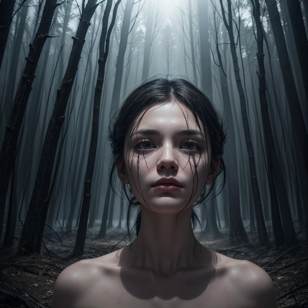 a masterpiece, hyper-detailed, image of a young (20 years old) Nude Woman modeled on Maisie Williams, Nude, with long unkept hair, physically fit body, perfect face with perfect eyes, Trapped and ensnared within a net a lush temperate forest during the late evening hour