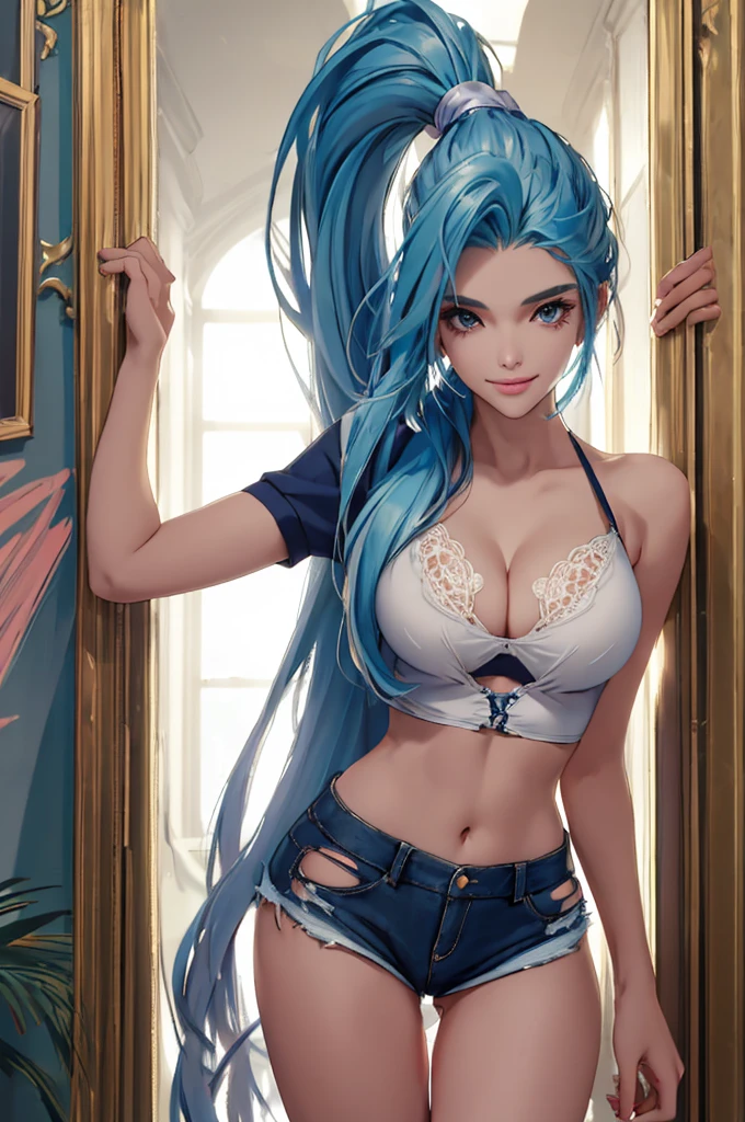 (best quality: 1.2), clean face, (masterpiece: 1.2, 8k) perfect anatomy, 1girl,a beautiful fashion model ,(masterpiece, official art, best quality ,long and shiny hair, blue hair with streaks in hair, long hair, full lips, slender body, slim body big breasts, looking at viewer, revealing outfit, absurdity, intricate details, dynamic pose, club, , wearing short shorts and a tight white top, cleavage, torn clothes, thong straps,  ponytail, coquettish expression, smile