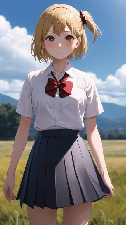 masterpiece, best quality, highres, 1girl, solo, short hair, one side up, blonde hair, brown eyes, red bowtie, white shirt, short sleeves, pleated skirt, black skirt, standing, cowboy shot, outdoors