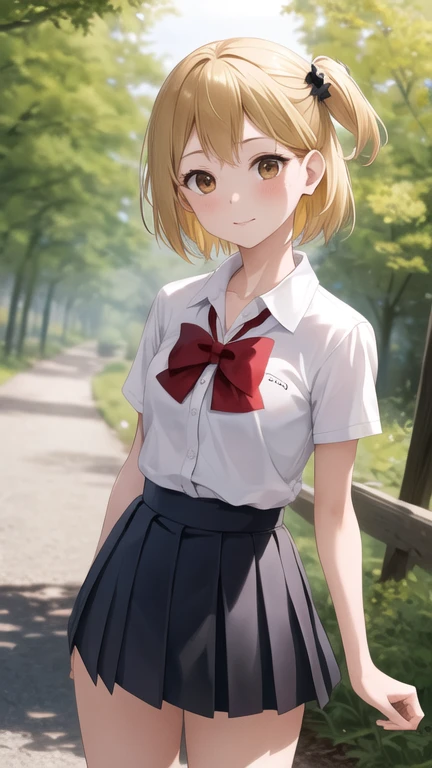 masterpiece, best quality, highres, 1girl, solo, short hair, one side up, blonde hair, brown eyes, red bowtie, white shirt, short sleeves, pleated skirt, black skirt, standing, cowboy shot, outdoors