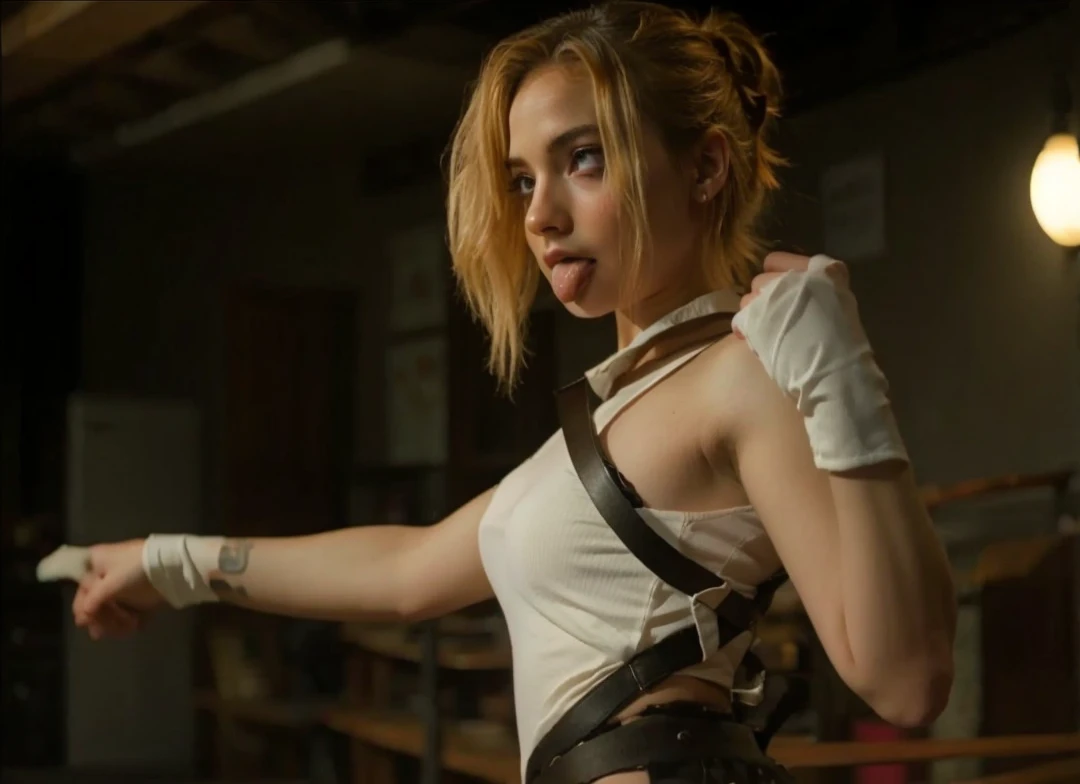 ((best qualityer)), ((work of art)), (detailded), ((Ultra Real)) fighter german sexy girl blonde hair fucked boobs pircing, Many tattoos , serious face, is angry, brass knuckles in hands, dark surroundings, blood flowing because of an intense fight