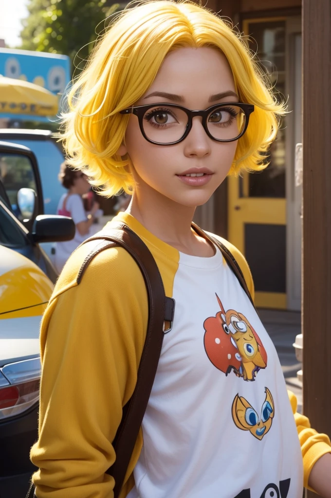 Photo of a character from the Pixar film Funky 2. one with yellow hair, brown eyes and glasses