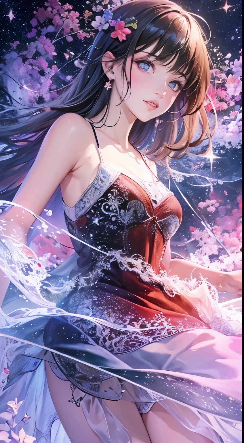 (masterpiece, top quality, best quality,watercolor (medium),official art, beautiful and aesthetic:1.2),(1girl:1.3), (fractal art:1.3), whole body, from 30-degrees angle, looking at viewer, patterns, silky hair ,water, liquid, cloud, short dress, starry, stars, sexy pose, red black and white, pastel colours