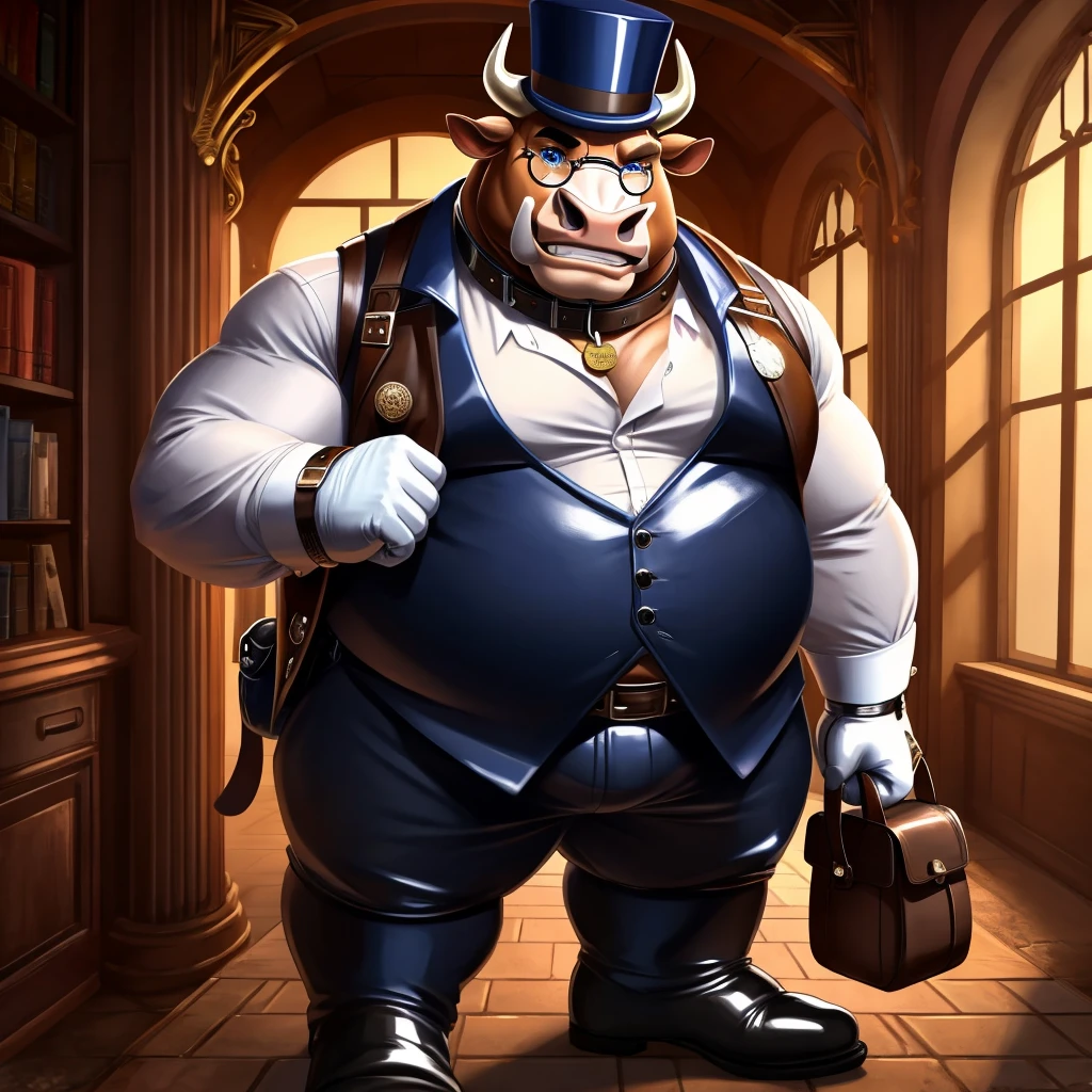 Solo, Male, fat, extremely obese, gentleman, dapper Professor Bull, blue eyes, (posing:1.3), (soft shading), 4k, hi res, ((detailed face, detailed)), looking at viewer, evil grin, steampunk, collared shirt with buttons, top hat, male focus, Explorer Outfit, glasses, monocle, bag, vest with buttons, backpack, sleeves rolled up, round eyewear, brown headwear, brown vest, Bull is wearing a glossy leather dog collar around the neck, Bull is wearing the leather collar and shirt and vest at the same time, Bull is wearing glossy white rubber gloves on the hands, wearing white rubber gloves on the feet, Bull is wearing glossy white cuffs around the wrists with cufflinks, gloves are rubber in texture, clenching teeth, clenching fists, leather collar is glossy and shiny with a lot of detail, Bull is wearing gloves and cuffs and cufflinks at the same time, leather collar has a round dog-tag, leather collar is thick and detailed.