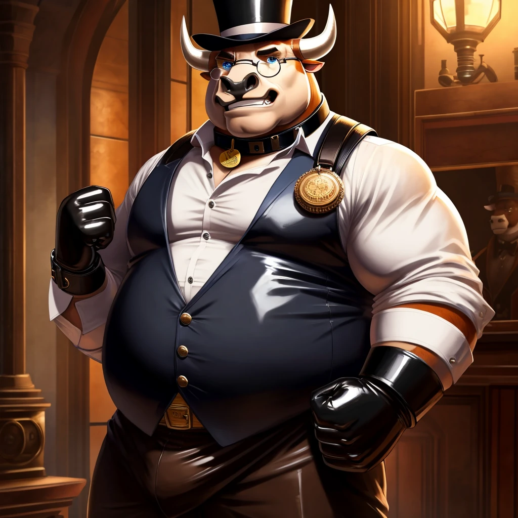 Solo, Male, fat, extremely obese, gentleman, dapper Professor Bull, blue eyes, (posing:1.3), (soft shading), 4k, hi res, ((detailed face, detailed)), looking at viewer, evil grin, steampunk, collared shirt with buttons, top hat, male focus, Explorer Outfit, glasses, monocle, bag, vest with buttons, backpack, sleeves rolled up, round eyewear, brown headwear, brown vest, Bull is wearing a glossy leather dog collar around the neck, Bull is wearing the leather collar and shirt and vest at the same time, Bull is wearing glossy white rubber gloves on the hands, wearing white rubber gloves on the feet, Bull is wearing glossy white cuffs around the wrists with cufflinks, gloves are rubber in texture, clenching teeth, clenching fists, leather collar is glossy and shiny with a lot of detail, Bull is wearing gloves and cuffs and cufflinks at the same time, leather collar has a round dog-tag, leather collar is thick and detailed.