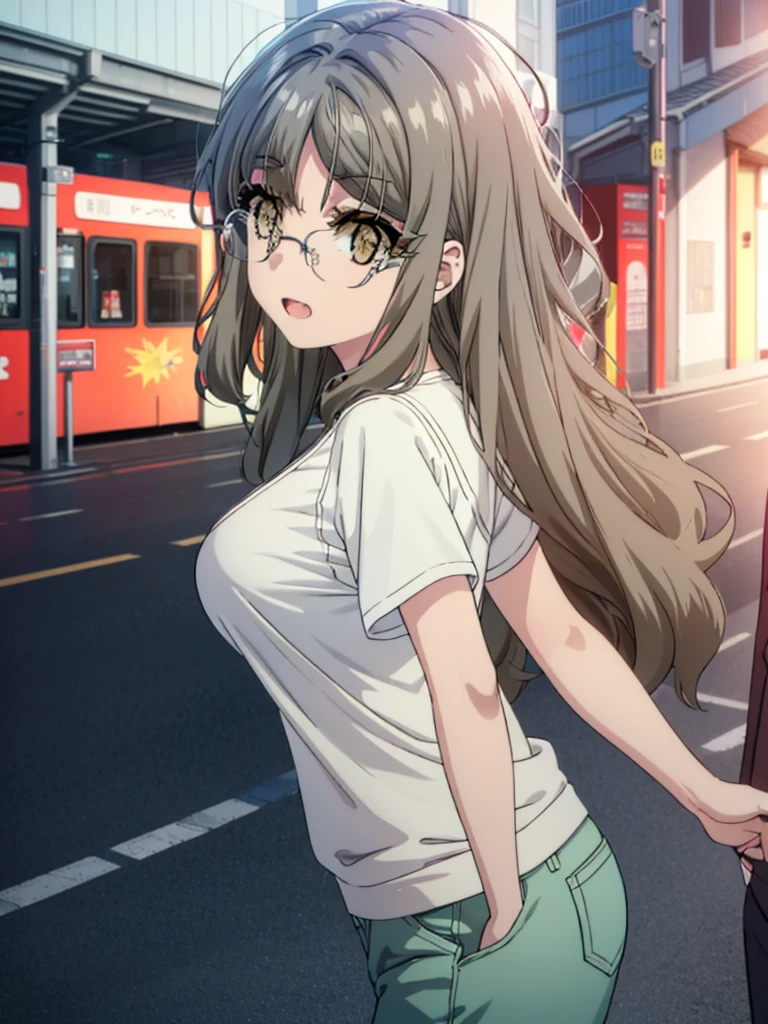 Riofutaba, Rio Futaba, Long Hair, Brown Hair, (Brown eyes:1.5), Glasses,Big Breasts,smile,Open your mouth,Red Tank Top,Heart Necklace,Short sleeve,skinny pants,Stiletto heels,Business Back,Walking,morning,morning陽,The sun is rising,whole bodyがイラストに入るように,
break outdoors, station,
break looking at viewer, whole body,
break (masterpiece:1.2), Highest quality, High resolution, unity 8k wallpaper, (figure:0.8), (Beautiful attention to detail:1.6), Highly detailed face, Perfect lighting, Highly detailed CG, (Perfect hands, Perfect ???????),