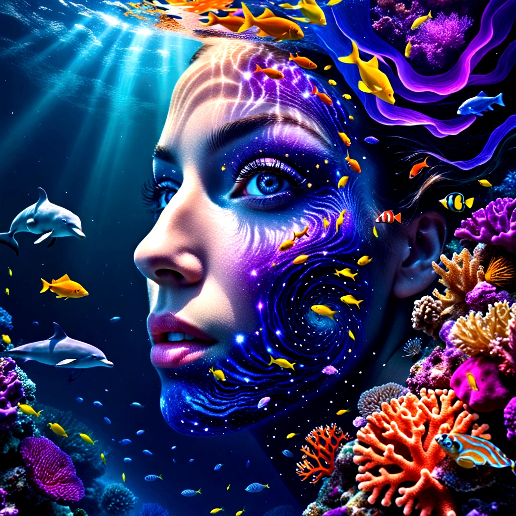 a fantastic and dreamlike underwater scene. Shows a diver exploring a colorful coral reef, surrounded by pulsating colorful tropical fish. the diver is surrounded by small bioluminescent creatures that dance around her, leaving trails of light behind them, and a dolphin jumping out of the water. Above the surface, incorporates a starry night sky, an enlarged human eye catches the eye with its hypnotic iris. A swirl of deep blue and purple evokes a starry sky, surrounding a spiral galaxy. The eye blends into the surrounding space, strewn with stars, nebulae and cosmic dust, whose reflection illuminates the ocean. Uses light and shadow effects to accentuate the depth of the image, with a seamless transition between water and sky. Adds realistic details and textures to corals and fish, while maintaining a magical and surreal atmosphere.