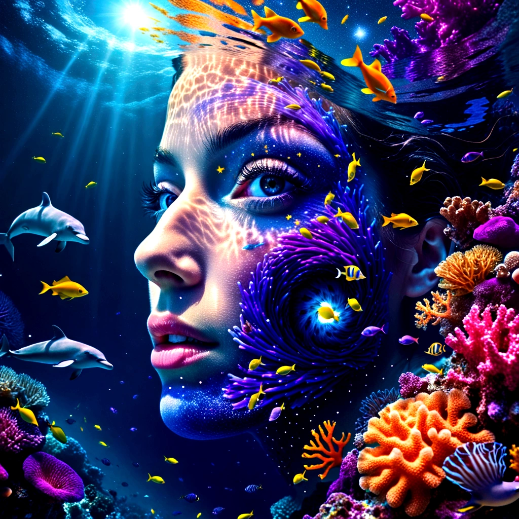 a fantastic and dreamlike underwater scene. Shows a diver exploring a colorful coral reef, surrounded by pulsating colorful tropical fish. the diver is surrounded by small bioluminescent creatures that dance around her, leaving trails of light behind them, and a dolphin jumping out of the water. Above the surface, incorporates a starry night sky, an enlarged human eye catches the eye with its hypnotic iris. A swirl of deep blue and purple evokes a starry sky, surrounding a spiral galaxy. The eye blends into the surrounding space, strewn with stars, nebulae and cosmic dust,  whose reflection illuminates the ocean. Uses light and shadow effects to accentuate the depth of the image, with a seamless transition between water and sky. Adds realistic details and textures to corals and fish, while maintaining a magical and surreal atmosphere.