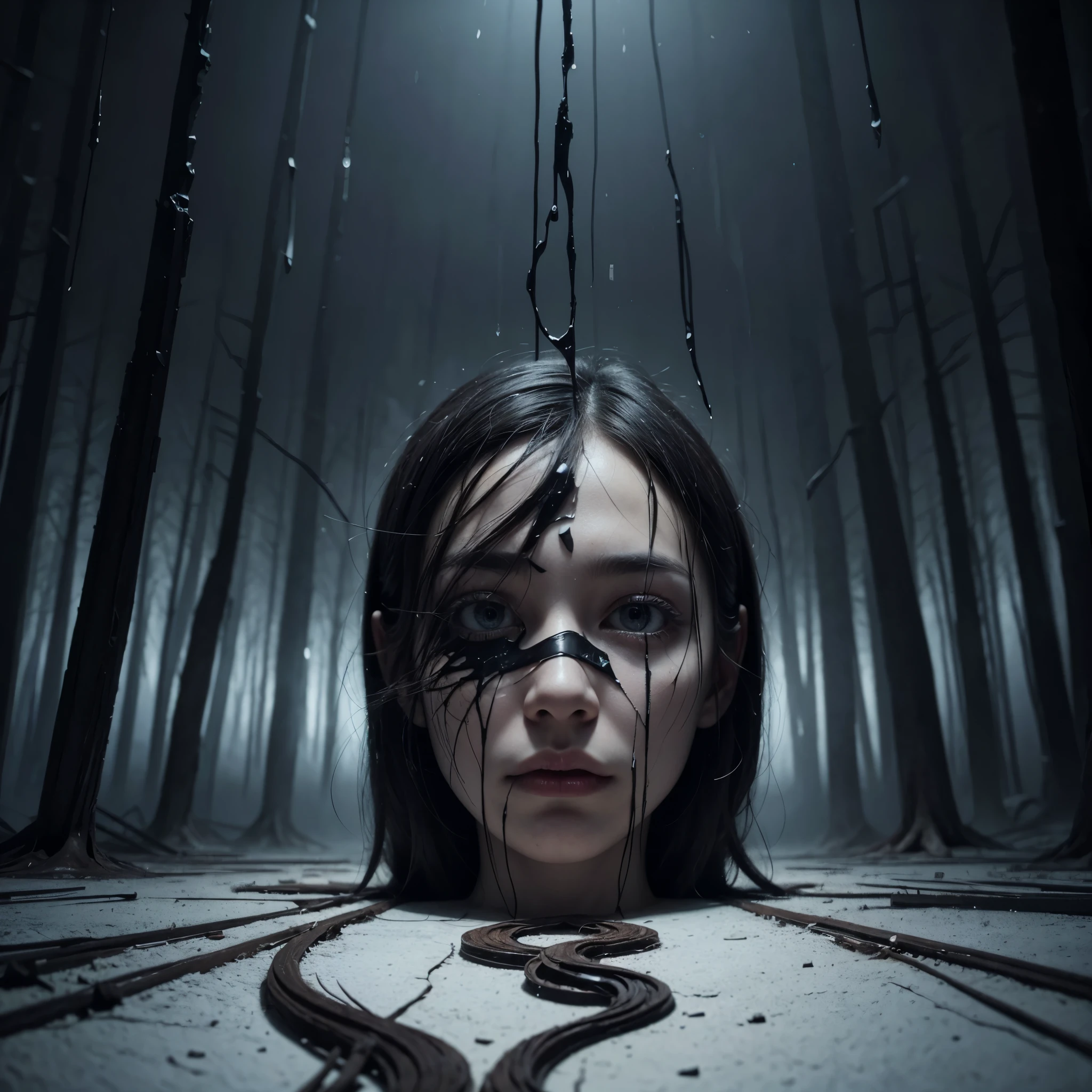 Create an ultra-realistic abstract art piece that evokes a sense of unease and contemplation without focusing on human faces. The image should feature a dark, surreal landscape with twisted, barren trees and a foggy atmosphere. In the center, place a distorted, humanoid silhouette surrounded by floating, fragmented mirrors that reflect distorted shapes and shadows. Use muted colors and sharp contrasts to enhance the eerie and unsettling mood. Incorporate symbolic elements like broken clocks, melting candles, and twisted pathways to represent confusion and disorientation. The overall scene should provoke thought and emotion, conveying a deep message about the human condition and psychological turmoil. Avoid prominent human facial features, focusing instead on abstract, symbolic representations.