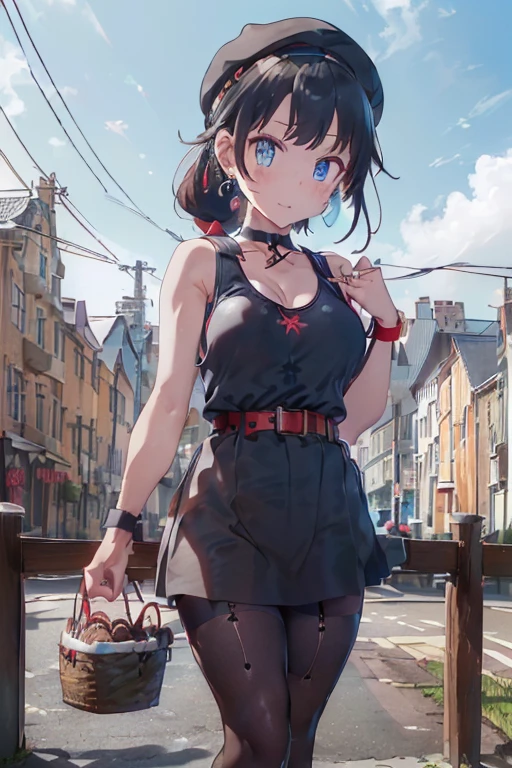 (perky chest:1.2), (pointed chest:1.2),(((Black Tunic:1.3))),(((cakes and bread in the basket),Cute and beautiful girl,masterpiece、highest quality、Very detailed、Beautiful fine details、One Girl、Detailed landscape、Training gym Room Background:1.4、Braided Ponytail、Red camisole、((B cup breasts, Tank top showing underboob:1.3)), black jacket, thigh strap, bangs, necktie, earrings, nail polish, fishnet pantyhose, multicolored hair, looking at viewer, full body, bottle, own hands together, belt, food, animal on head, black necktie, ring, choker, english text paper:1.2, collared shirt, blue eyes, platform boots, hat,lace-up boots ,