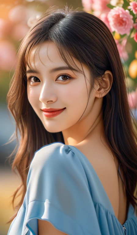 Masterpiece, top class, sunset light, handsome (1girl), ponytail, Korean woman, shoulder exposure, look at the viewer, court lady, wife&#39;s house, detailed photo, smiling expression, sexiness, festival, anniversary,