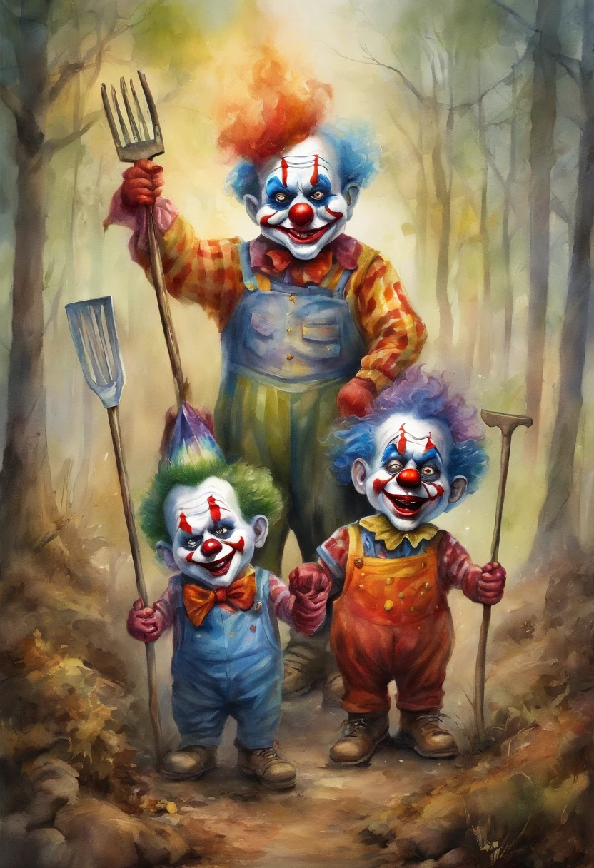 ((3 crazy mean clowns holding pitchforks, garbage pail kids style)), in the woods, 3d cartoon, high quality, detailed,