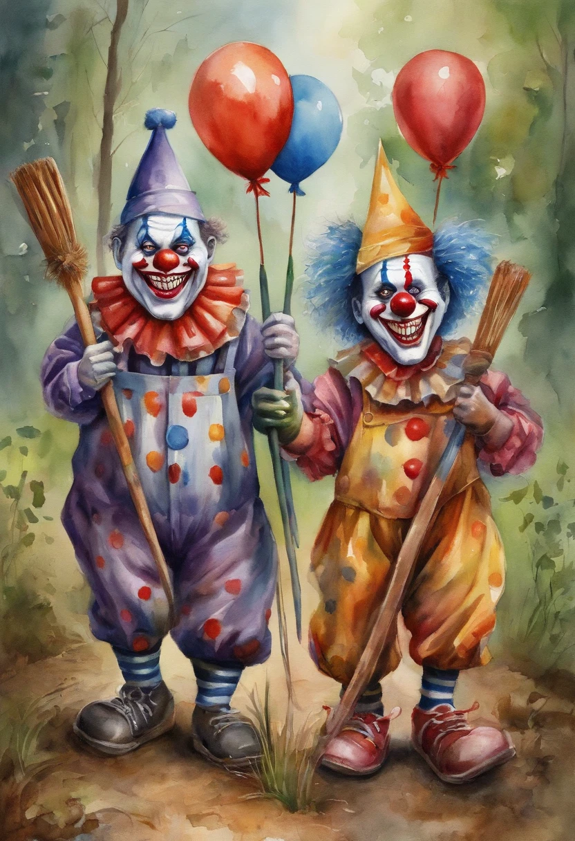 ((3 crazy mean clowns holding pitchforks, garbage pail kids style)), in the woods, 3d cartoon, high quality, detailed,