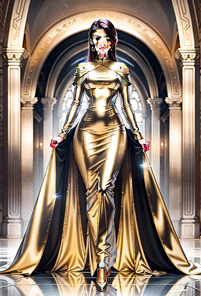 golden dress, chrome dress, long dress, gold chrome, high quality, 1woman, best quality, masterpiece, ultra-detailed, perfect body, pretty,