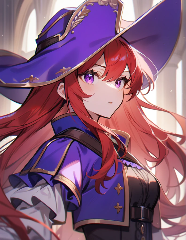 1girl, red hair, long hair, eyes purple, musketeer.