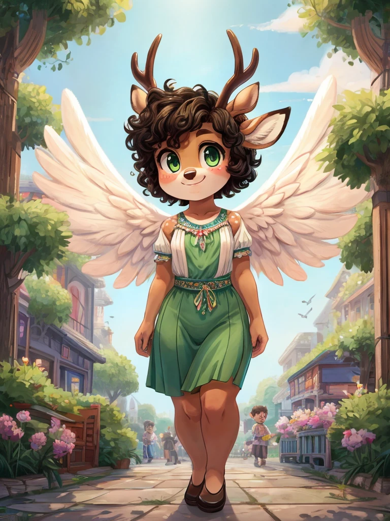 Cute, deer boy, small deer antlers, innocent, chubby, fat, big thighs, androgynous, femboy, short curly hair, black hair, fawn spots, freakles, ((cute)), smiling, walking in a big bustling city, wearing cottage core outfit, pastel color scheme, light blue green yellow white and brown color scheme, young, cartoony, adorable, deer tail, moss green eyes, angel wings, 