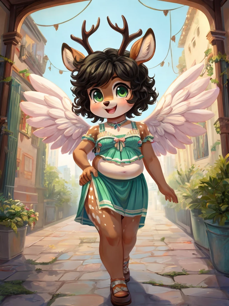 Cute, deer boy, small deer antlers, innocent, chubby, fat, big thighs, androgynous, femboy, short curly hair, black hair, fawn spots, freakles, ((cute)), smiling, walking in a big bustling city, wearing cottage core outfit, pastel color scheme, light blue green yellow white and brown color scheme, young, cartoony, adorable, deer tail, moss green eyes, angel wings,