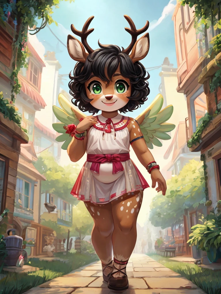 Cute, deer boy, small deer antlers, innocent, chubby, fat, big thighs, androgynous, femboy, short curly hair, black hair, fawn spots, freakles, ((cute)), smiling, walking in a big bustling city, wearing cottage core outfit, pastel color scheme, light blue green yellow white and brown color scheme, young, cartoony, adorable, deer tail, moss green eyes, angel wings,