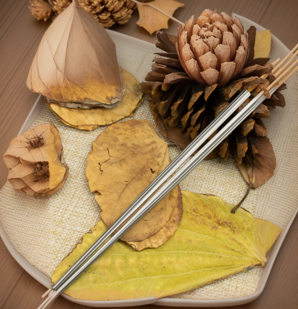 there are two Chopsticks sitting on a leaf with pine cones, Chopsticks, Product introduction photos, High quality product image”, Very detailed product photos, Micro product photos, 88 mm, 2447, straw, Year 3022, 85 mm, 8 5 mm, 85 mm, 84 mm, 8 4 mm